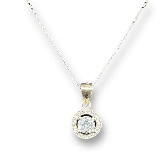 Sterling Silver CZ Round Open Back Pendant Dainty chain link Necklace 17.5" - Picture 1 of 8